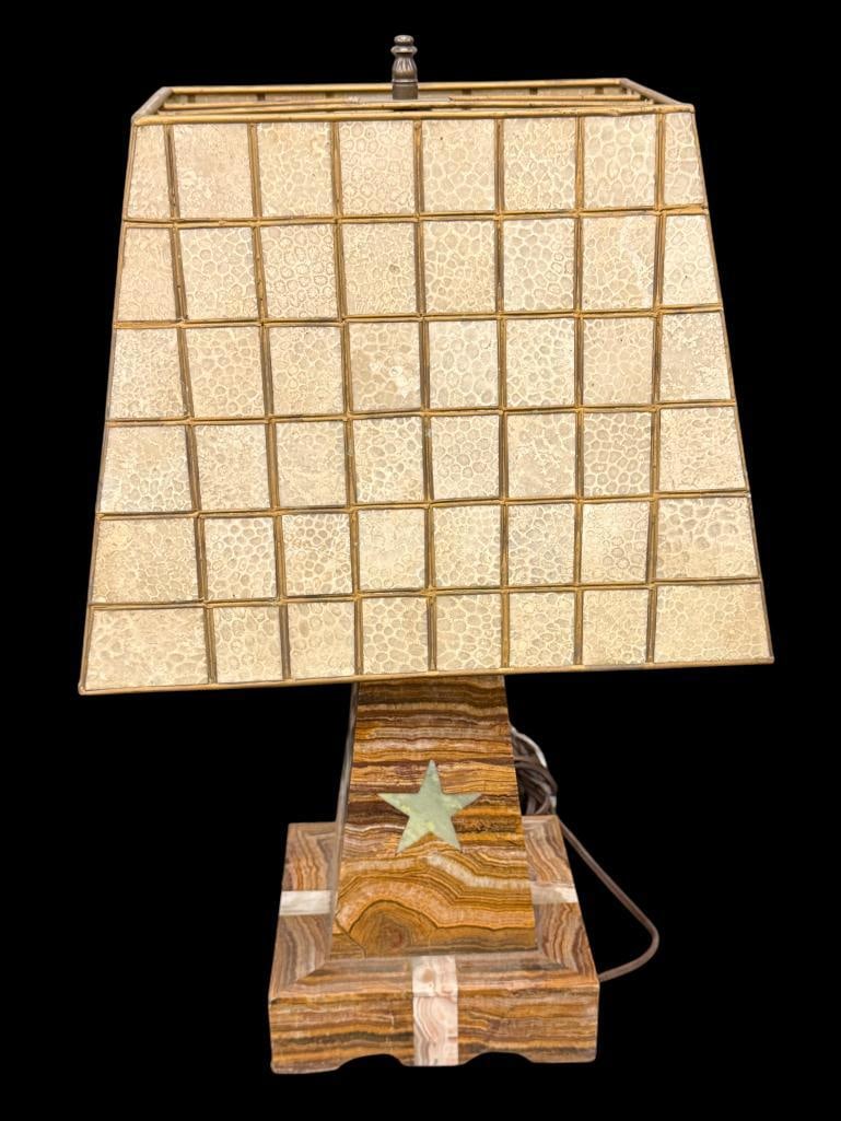 Onyx Table Lamp with Star Inlay: Onyx Table Lamp with Star Inlay. Approx. 19 x 12 x 9 inches.