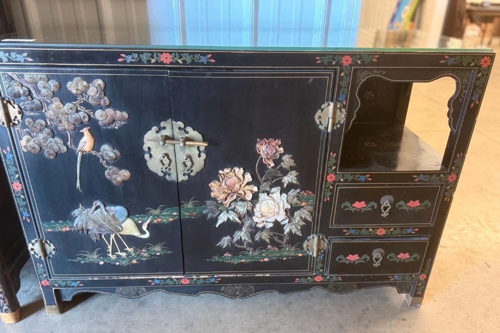 Chinese Black Lacquered Cabinet: Chinese Black Lacquered Cabinet with stone birds and floral designs. Approx. 30 x 46 x 16 inches.