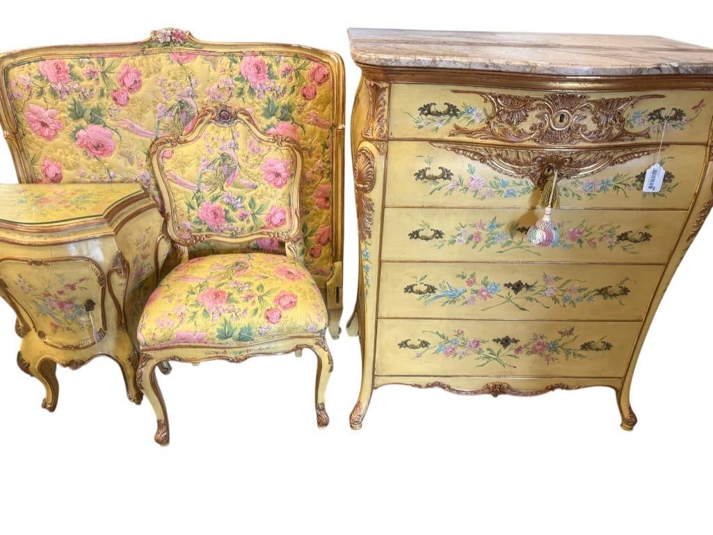 Venetian Style Decorated Dresser: Venetian Style Decorated Dresser with marble top. Approx. 46 x 40 x 26 inches.