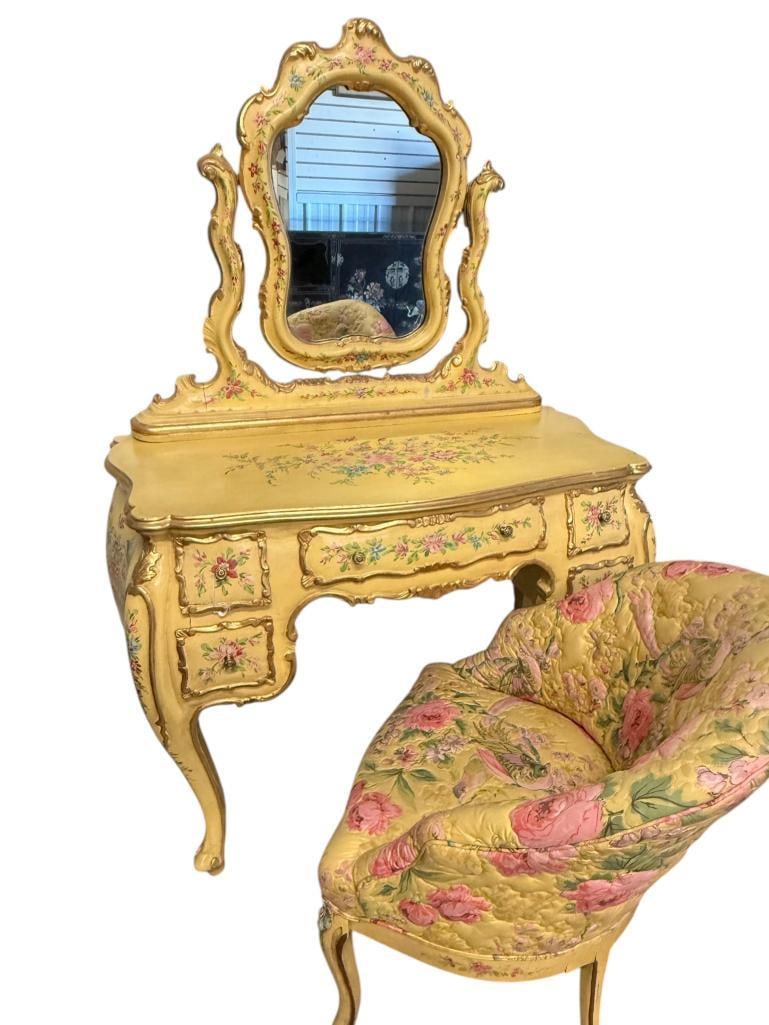 Venetian Style Decorated Vanity and Chair: Venetian Style Decorated Vanity and Chair. 2 pieces. Vanity approx. 60 x 40 x 21 inches.