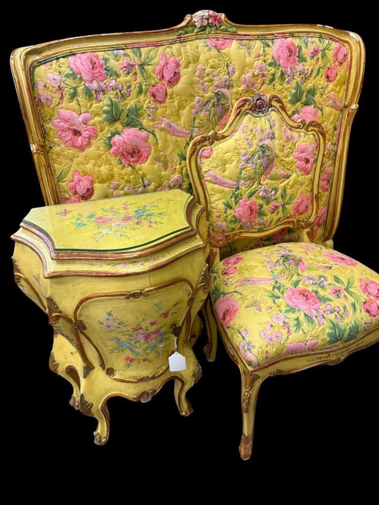 Venetian Style Decorated Nightstand, Chair and Headboard: Venetian Style Decorated Nightstand, Chair and Headboard. Headboard approx. 45 x 41 inches.