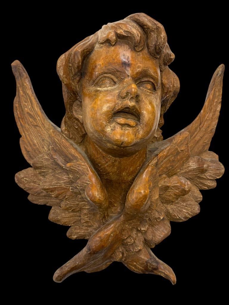Carved wood Cherub Head with wings (1 of 3)