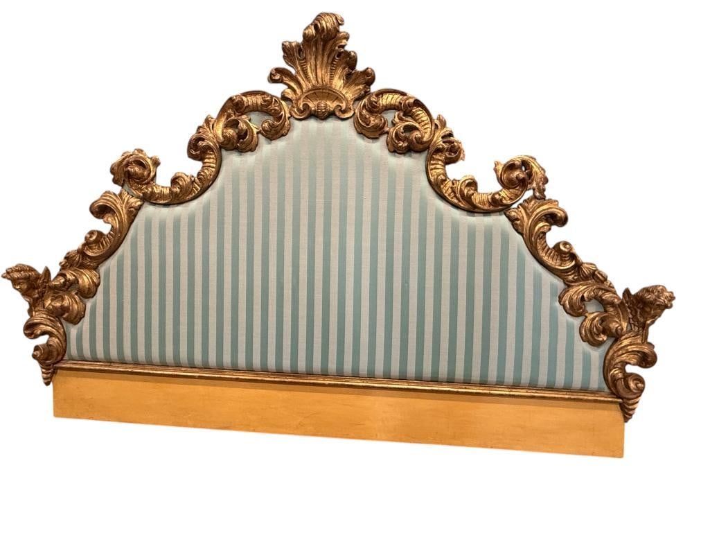 Carved Wood Gold Gilt Headboard with Cherubs: Carved Wood Gold Gilt Headboard with Cherubs. Stamped on back Ditta Pieri & Son. Approx. 56 x 90 inches.