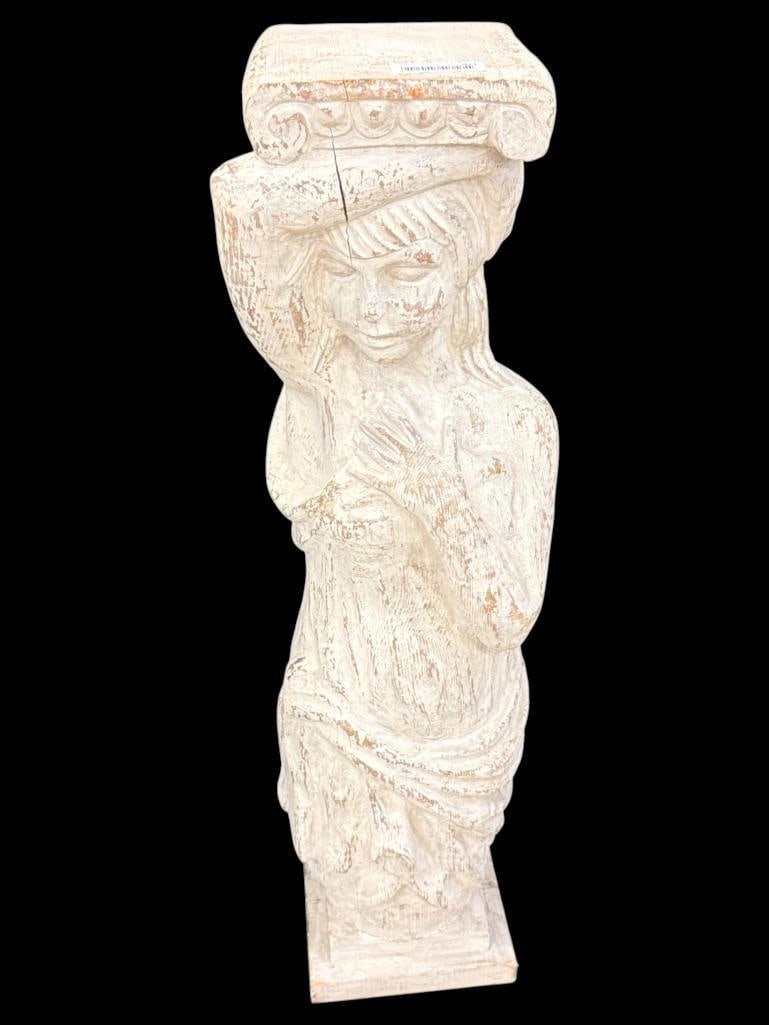 Carved wood Woman Pedestal: Carved wood Woman Pedestal. Approx. 38 x 12 x 9 inches.