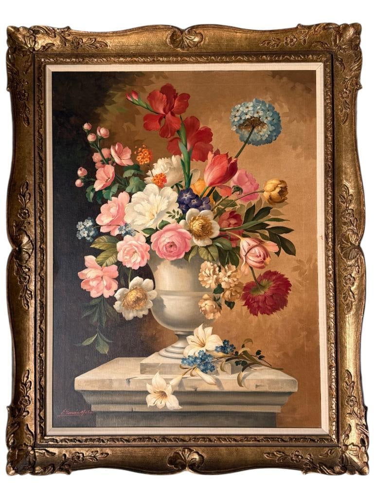 E. Garcia Mata signed oil on canvas: Evelio Garcia Mata (1910-1985) signed oil on canvas. Floral still life. Approx. 40 x 29 inches. Frame approx. 49 x 39 inches.