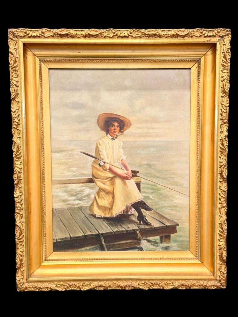 Oil on canvas Woman Fishing on a dock: Oil on canvas Woman Fishing on a dock. Unsigned. Approx. 16.5 x 12.5 inches. Frame approx. 23 x 19 inches.