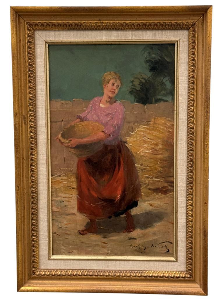 Woman with Basket oil on board: Woman with Basket oil on board. Signed - illegible. Approx. 12 x 7 inches. Frame approx. 17 x 11.5 inches.