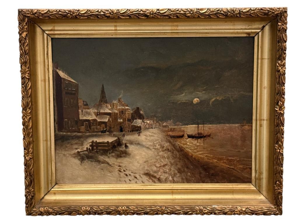Snowy Port Village oil on board: Snowy Port Village oil on board. Unsigned. Approx. 11 x 8 inches. Frame approx. 15 x 12 inches.