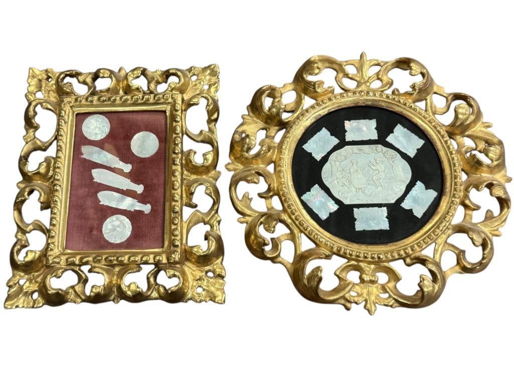 2 Gold Gilt Carved wood frames: 2 Gold Gilt Carved wood frames with Mother of Pearl carved pieces. Round frame approx. 10 x 10 inches.