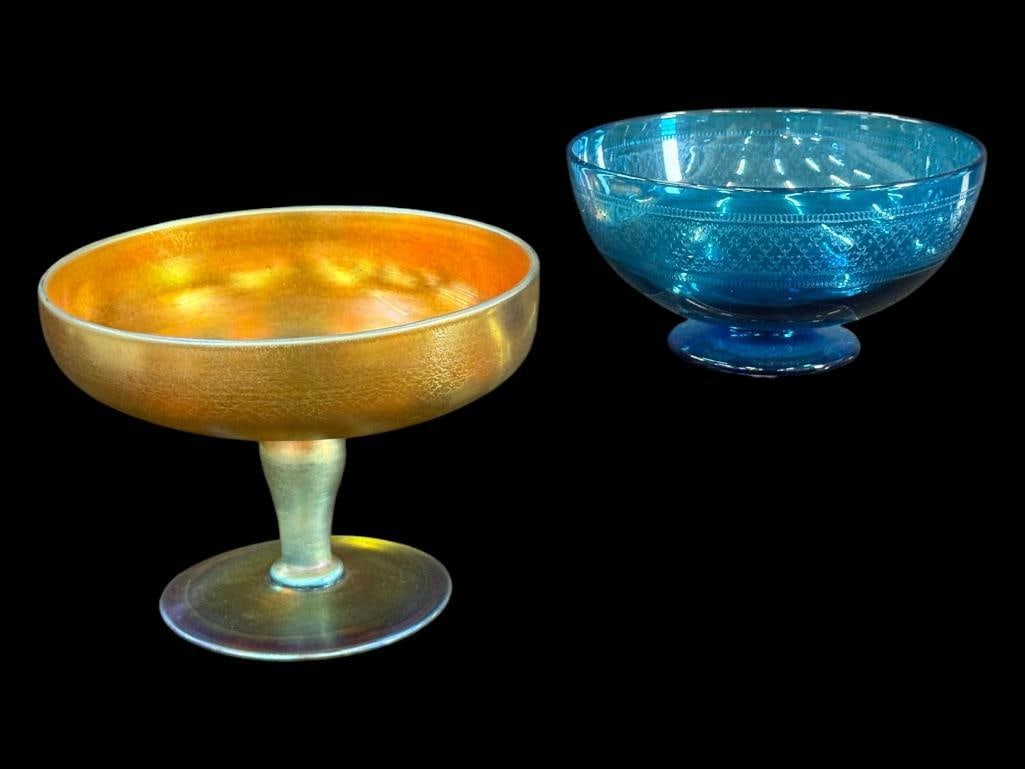 Steuben Gold Aurene Compote and Etched Bowl (1 of 8)