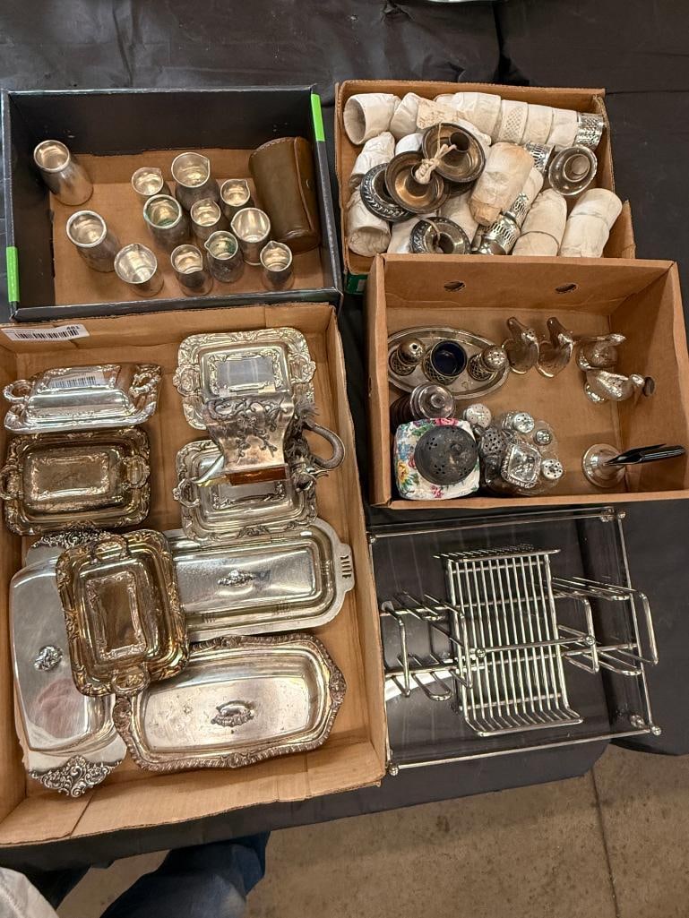 Silver plate covered dishes, etc.: Silver plate covered dishes, salt / peppers, match holder and more.