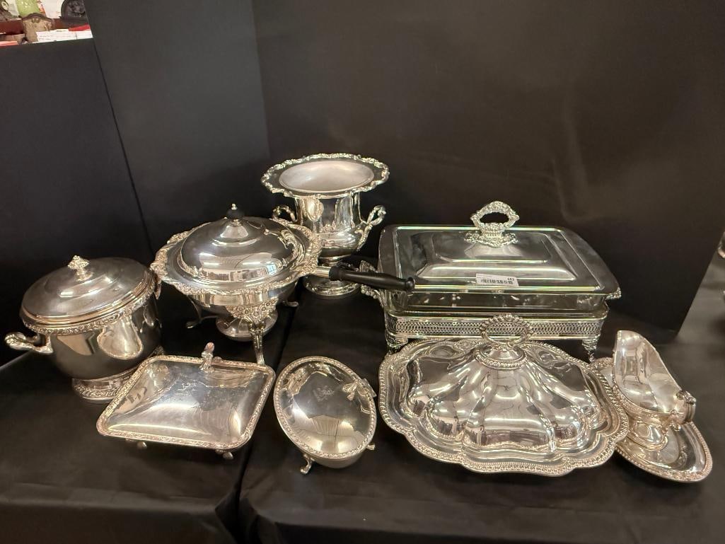 Silver plate covered dishes, ice buckets etc.: Silver plate covered dishes, ice buckets etc.Covered tray approx. 18 x 10 x 10 inches.