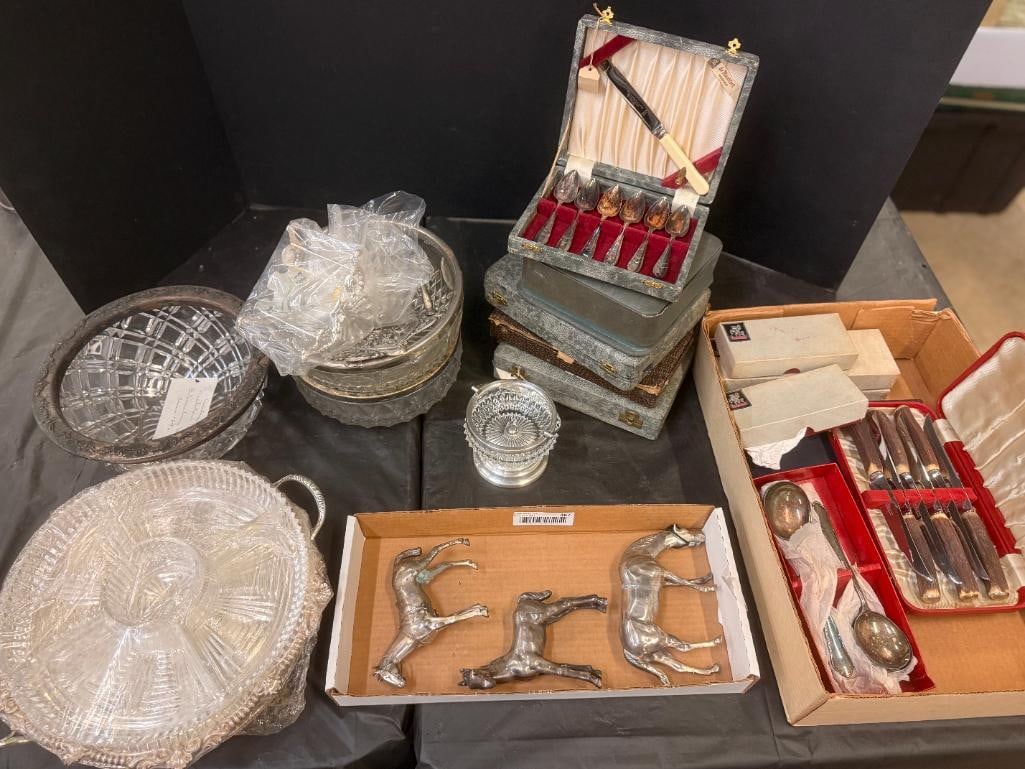 Silver plated Horse Figurines, flatware etc.: Silver plated Horse Figurines, flatware, bowls and more.