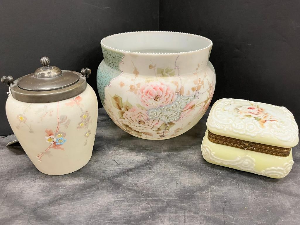 Wavecrest Pot and Trinket box: Wavecrest Pot and Trinket box, with Monroe enameled satin glass biscuit barrel. 3 pieces. Pot approx. 8 x 10 x 10 inches.