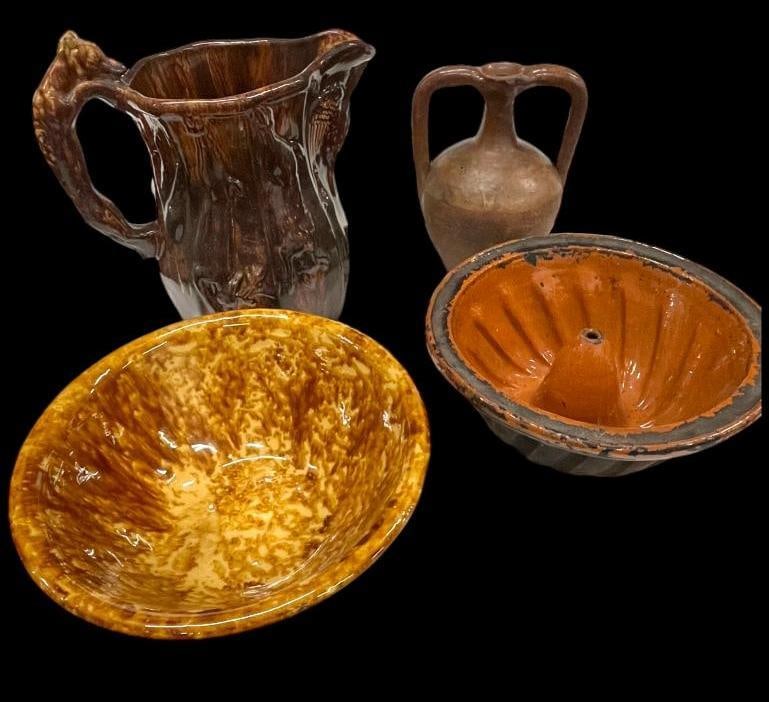 Rockingham style pitcher, spongeware bowl and more: Rockingham style pitcher, spongeware bowl and more. 4 pieces.