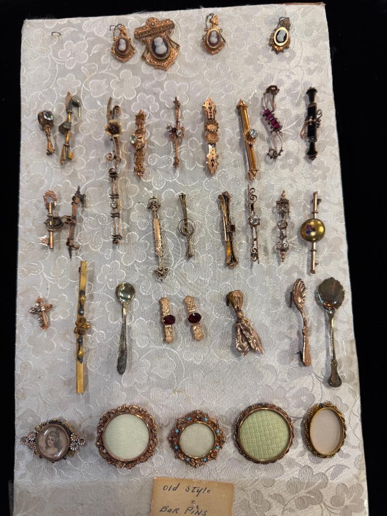 35 GF Round and Bar Pins c. 1880: 35 Gold Filled Salesman Sample / New Old Stock Pins c. 1880. Featuring Cameo's, Spoons, Flowers and more.