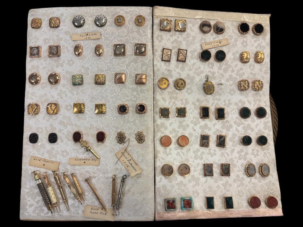 GF Cufflinks, Pencils and more: Gold Filled Salesman Sample / New Old Stock c. 1890 Cufflinks, Pencils, Watch Key, Toothpick, Glove Buttoners, etc. Approx. 80 pieces total.