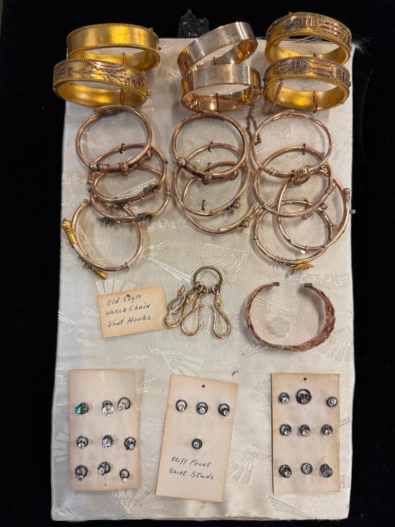 GF Bracelets, Shirt Studs and more: Gold Filled Salesman Sample / New Old Stock c. 1890 Bracelets, Shirt Studs and Watch Chain Vest Hooks. Approx. 41 pieces total.