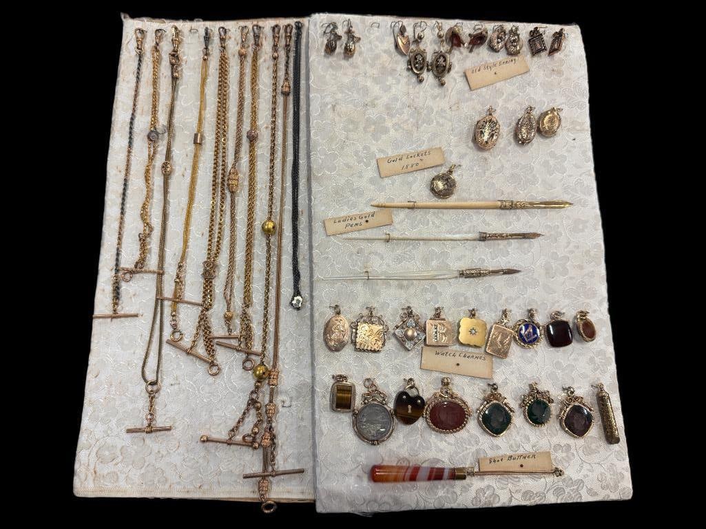 GF Watch Chains, Charms and more: Gold Filled Salesman Sample / New Old Stock c. 1890 Watch Chains, Charms, Earrings, Lockets, Whistle, Pens and more. Including Brooklyn Bridge coin charm, Mason Square and Compass charm, etc. 