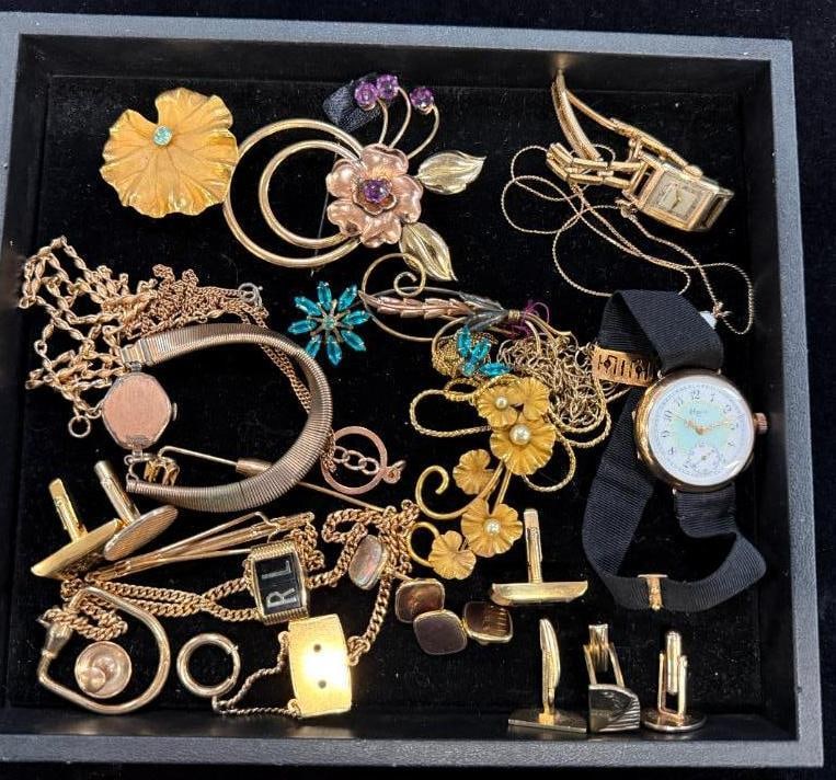 GF Cufflinks, Pins and more: Gold Filled Jewelry including Necklaces, Cufflinks, Pins, Watches and more. Including watches by Elgin, Bulova and Hamilton. Approx. 25 pieces total.