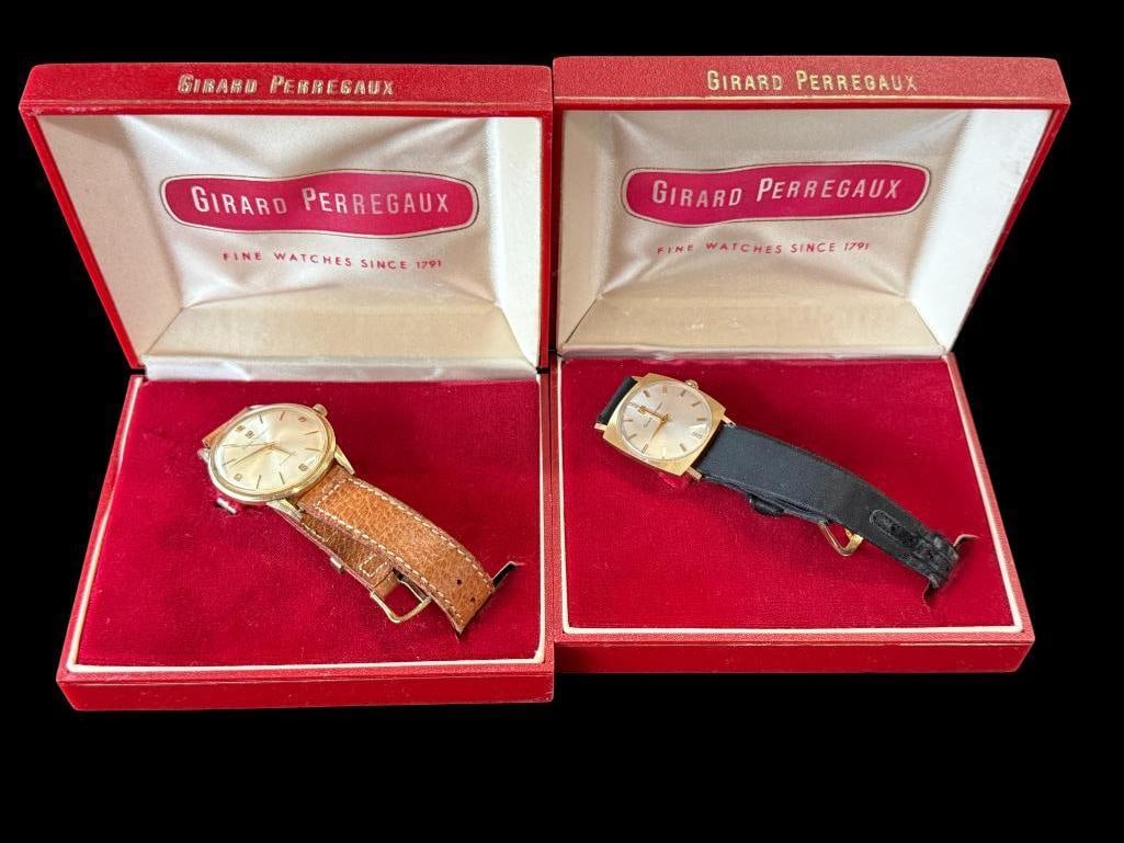 2 Girard Perregaux Watches: 2 Girard Perregaux Watches. Square face is 14k gold.