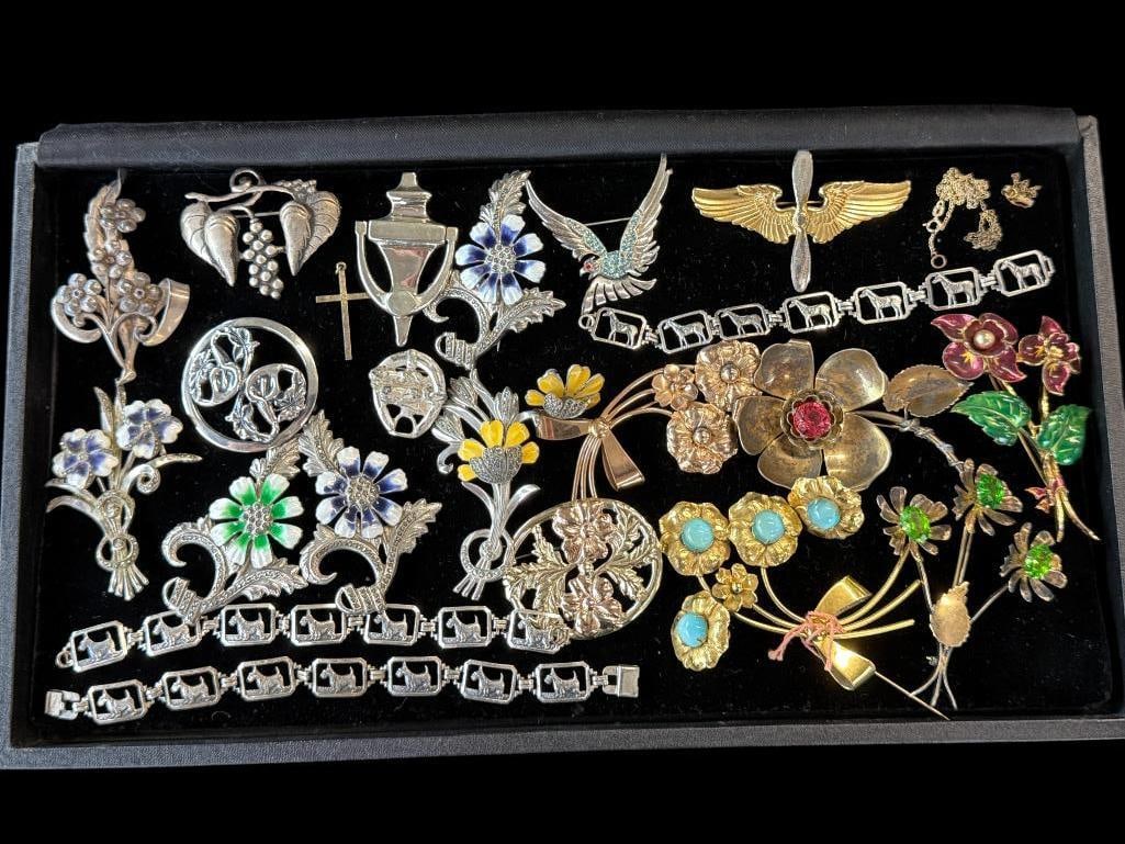 Sterling Silver Bracelets, Pins and more: Sterling Silver Bracelets, Pins, Cross and more. Most pieces are marked sterling. Approx. 25 pieces.