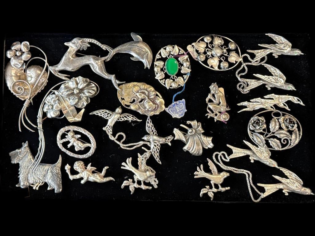 Sterling Silver Pins: Sterling Silver Pins. Approx. 9.8 ozt. Approx. 20 pieces.