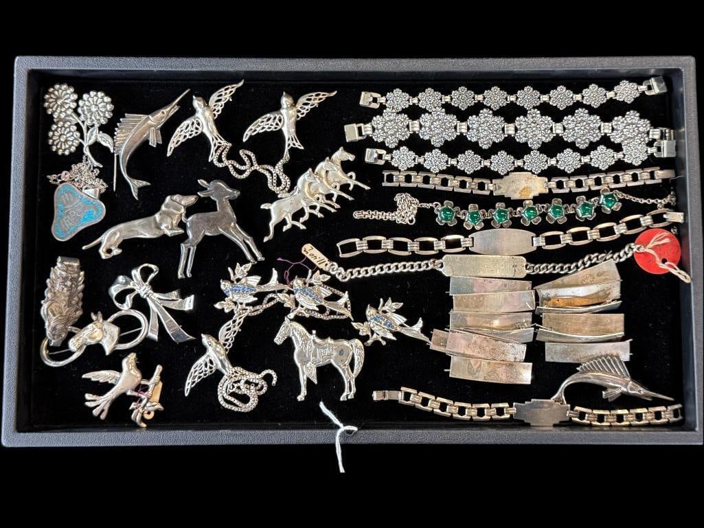 Sterling Silver Bracelets and Pins: Sterling Silver Bracelets and Pins. Approx. 10.6 ozt. Approx. 36 pieces..