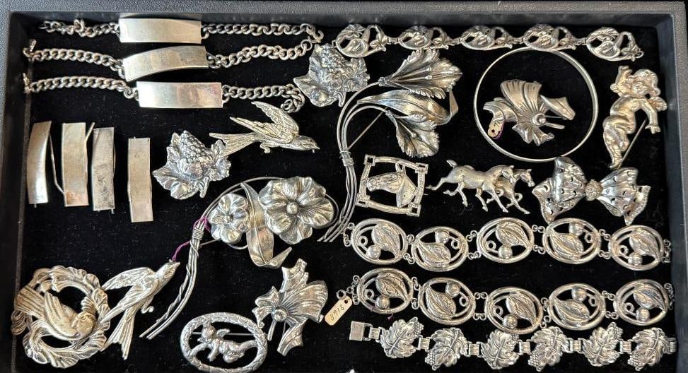Sterling Silver Bracelets and Pins: Sterling Silver Bracelets and Pins. Approx. 12.6 ozt. Approx. 26 pieces. .