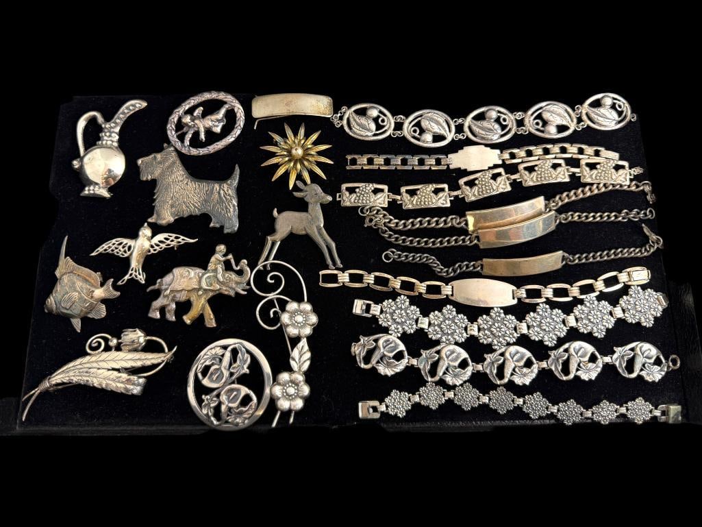 Sterling Silver Bracelets and Pins: Sterling Silver Bracelets and Pins. Approx. 10.2 ozt. Approx. 22 pieces.