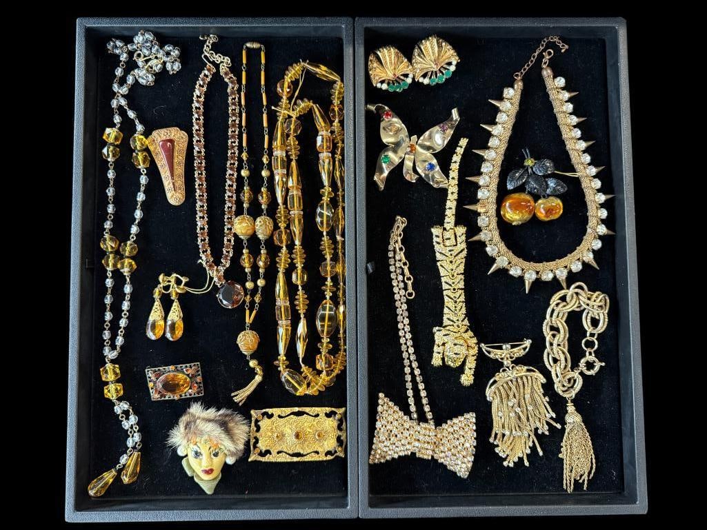 Costume Jewelry Pins, Earrings, Necklaces etc: Costume Jewelry Pins, Earrings, Necklaces etc. Butterfly pin marked Sterling. Including earrings by Ornella. Pin by Schiaparelli and more. Approx. 17 pieces.