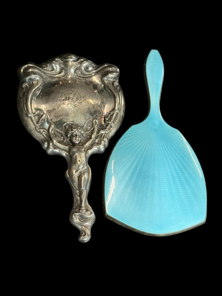 Art Nouveau and Enameled Sterling Silver Hand mirrors: Art Nouveau hand mirror with Cupid handle. Dominick & Haff enameled sterling silver hand mirror. 2 pieces.