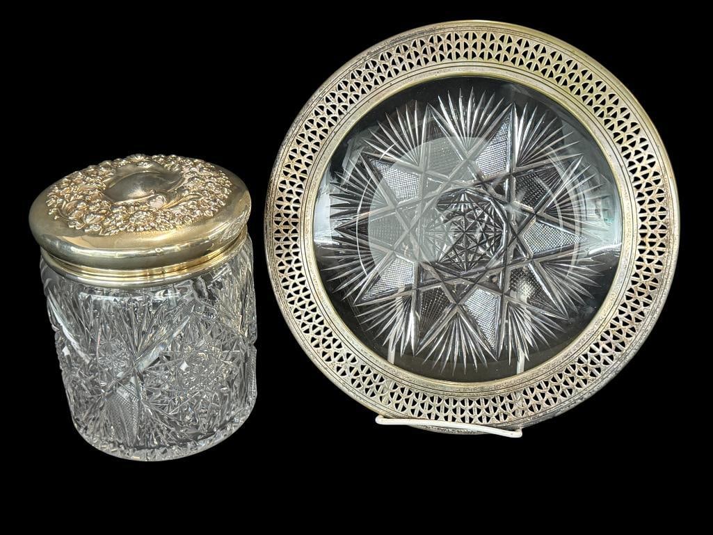 Sterling Silver with Cut Glass plate and jar: Sterling Silver with Cut Glass plate and jar. 2 pieces.