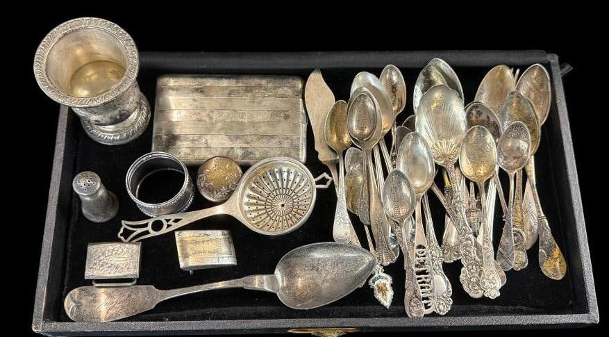 Sterling Silver Flatware, Cigarette case etc.: Sterling Silver Flatware, Cigarette case by Napier, souvenir spoons and more. Approx. 25.2 ozt.