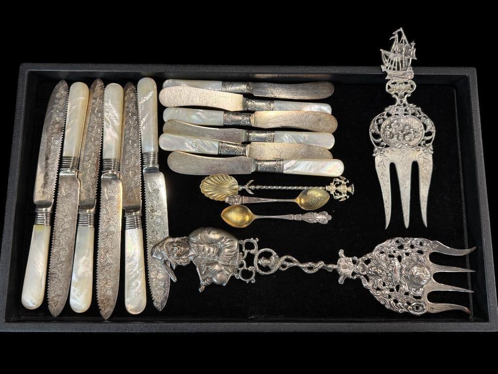Mother of Pearl Knives and more: Mother of Pearl handled Knives, spoons and meat forks. Some sterling. Approx. 17 pieces.