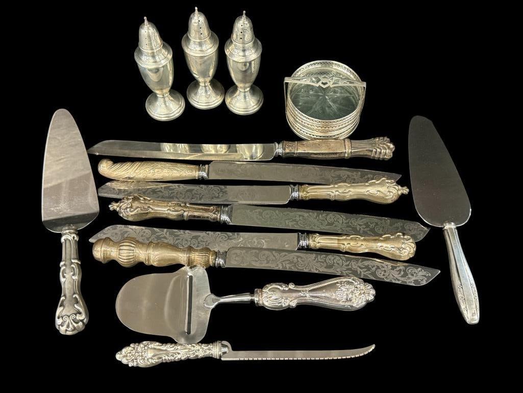 Sterling Silver Coasters, Salts etc.: Sterling Silver Coasters, Salts, knife handles etc. Salts are weighted. Approx. 20 pieces total.