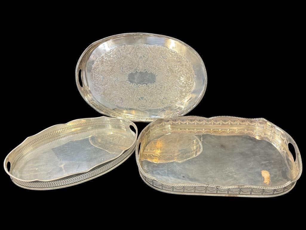 3 Silverplate Trays: 3 Silverplate Trays. Largest approx. 21 x 14 inches.