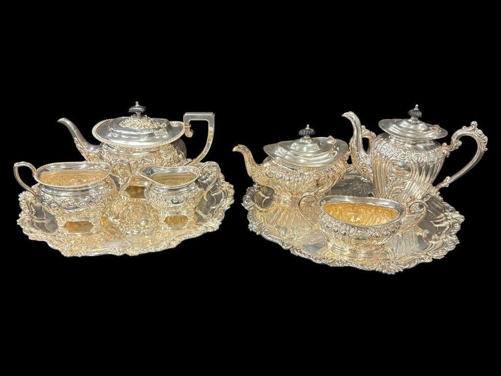 Silverplate Tea Sets with Trays: Silverplate Tea Sets with Trays. 8 pieces.