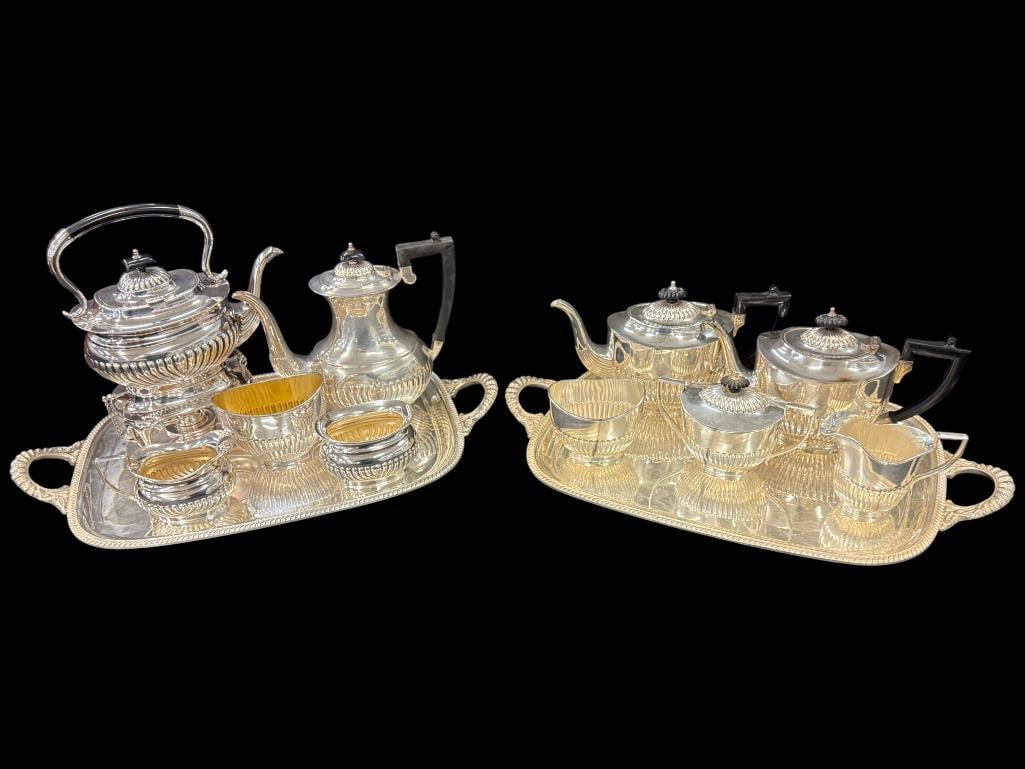 Silverplate Tea Sets with Trays: Silverplate Tea Sets with Trays. 12 Pieces.