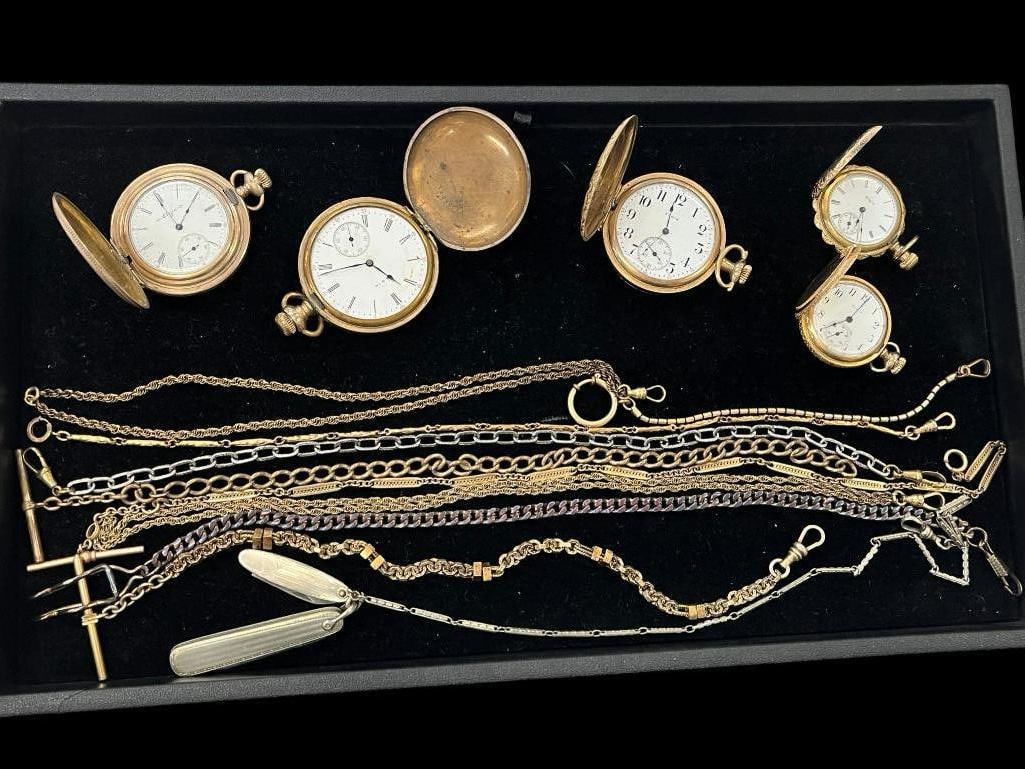 Elgin Pocket Watches, Chains and more: Elgin Pocket Watches, Chains and more. Approx. 13 pieces.
