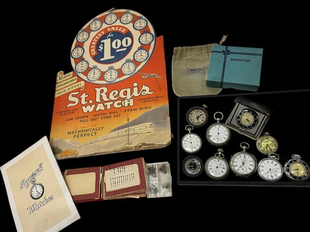 Pocket Watches, Travel Clock and more: Pocket Watches By Elgin, Bristol Watch Co., Equity, Sandoz Vuille, Sentinel and more. Travel pocket watch / clock by Sentinel Hamilton pocket watch box etc. Approx. 14 pieces..