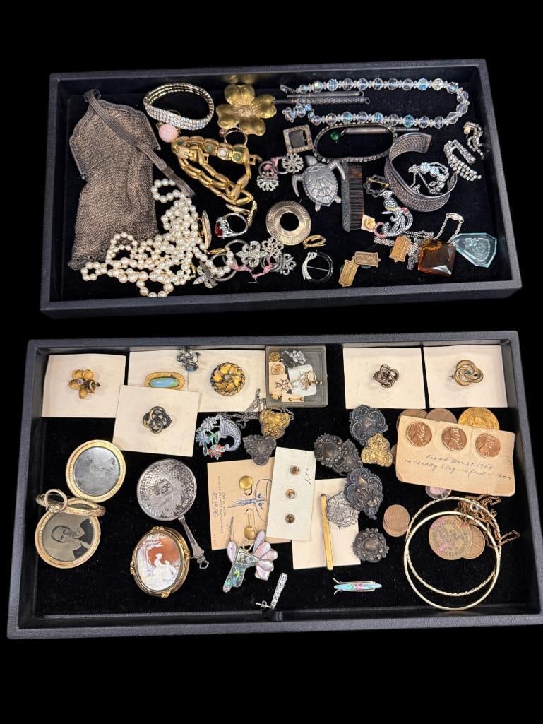 Costume Jewelry, Coins etc.: Costume Jewelry, Coins etc. Including pins, bracelets, mesh purse and more.