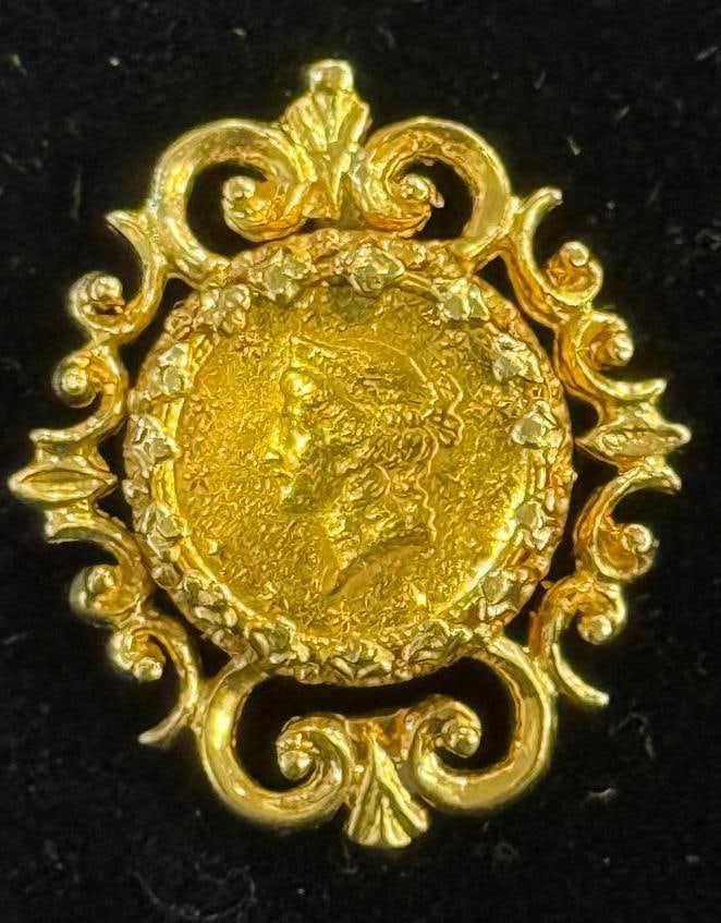 1853 $1 Gold Coin: 1853 $1 Gold Coin in 14k bezel.