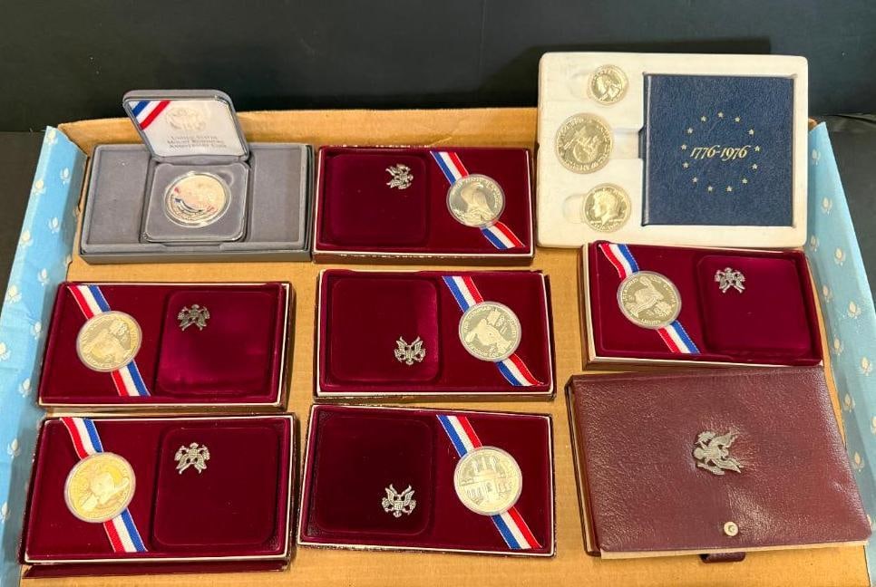 U.S. Silver Olympic coins, Mount Rushmore Proof and more: U.S. Silver Olympic coins, Mount Rushmore silver Proof dollar, 1984 Olympic Prestige set and 1976 Silver Proof set. 9 pieces.