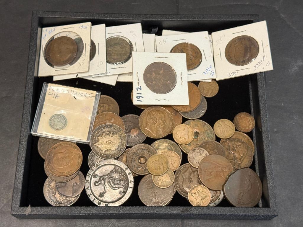 1853-O Half dime, Flying Eagle cents and Foreign coins: 1853-O Half dime, Flying Eagle cents and Foreign coins.