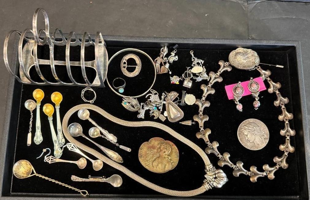 Maritime League France medal, Sterling toast rack etc.: Maritime League France medal, Sterling silver toast rack, charms, Gorham sterling spoons, pins and more.