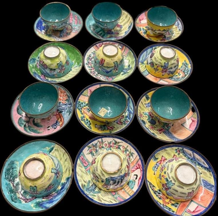 19th Century Chinese Canton enamel bowls and saucers: 19th Century Chinese Canton enamel bowls and saucers. 24 pieces total.
