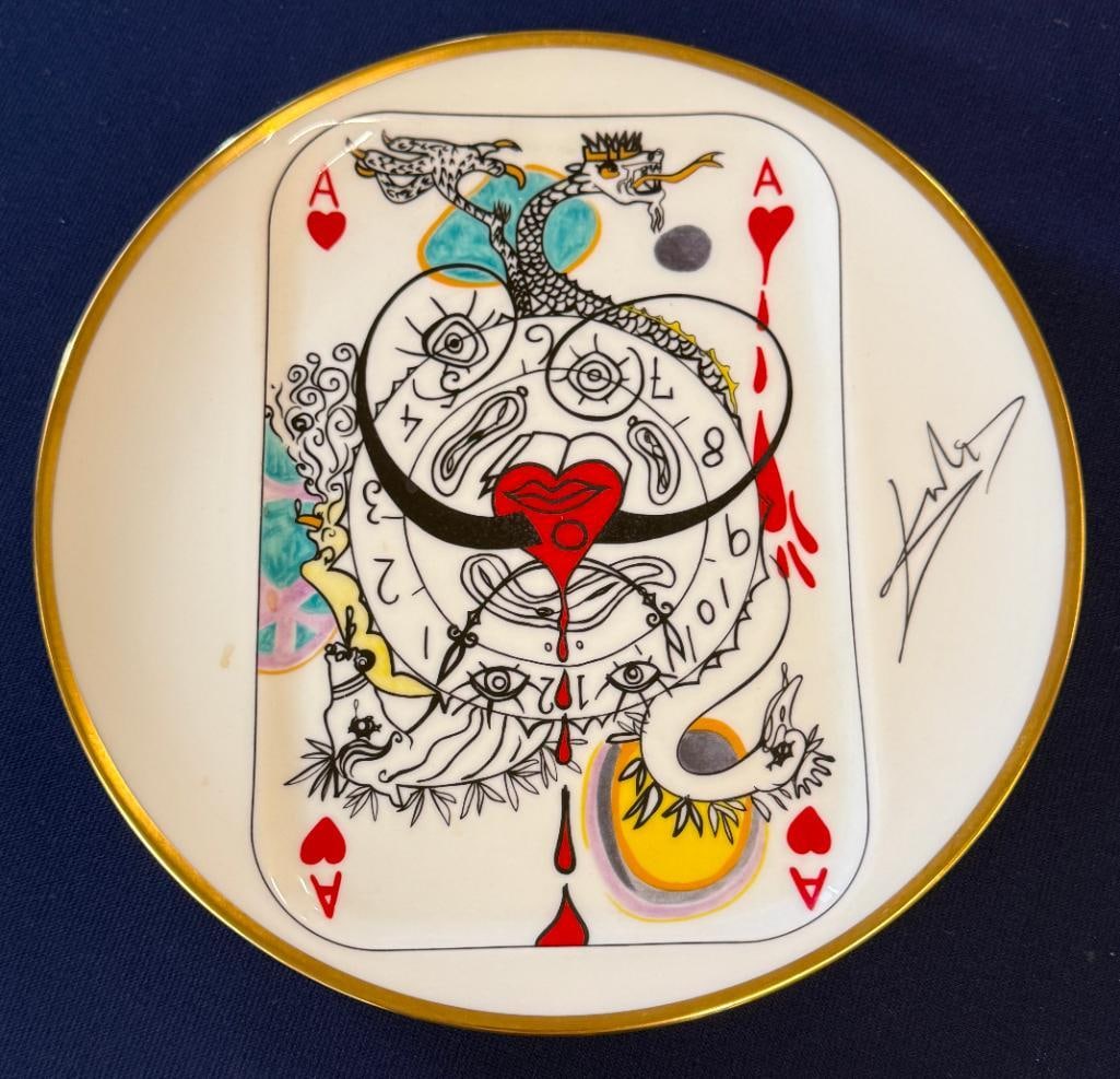 5 Salvador Dali Puiforcat Porcelain Plates: 5 Salvador Dali Puiforcat Porcelain Plates. "Flush Royal & Joker". French Limoge. Numbered 615/2000. Plates approx. 9.5 inches.