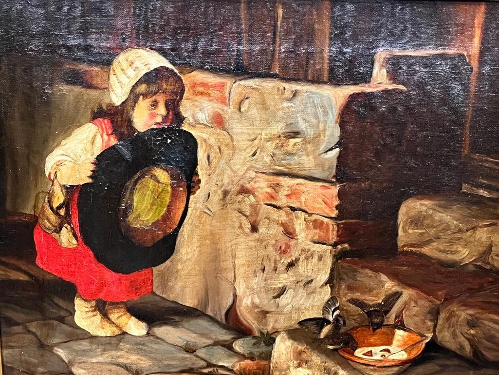 L.C. Zenger signed oil on canvas: L.C. Zenger signed oil on canvas in gold gilt frame. Young girl with birds. Approx. 16.5 x 13 inches. Frame approx. 21 x 17 inches.