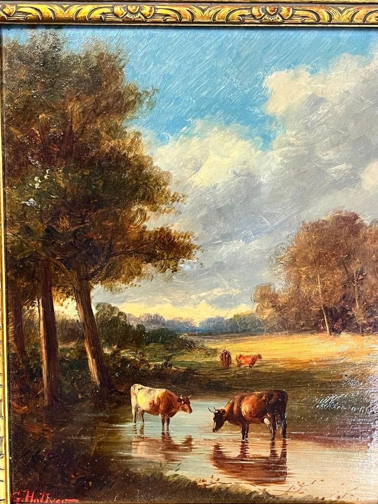 Gregory Hollyer signed oil on board: Gregory Hollyer (1871-1965) signed oil on board landscape with cows, in gold gilt frame. Approx. 9.5 x 7.5 inches. Frame approx. 15.5 x 13.5 inches.